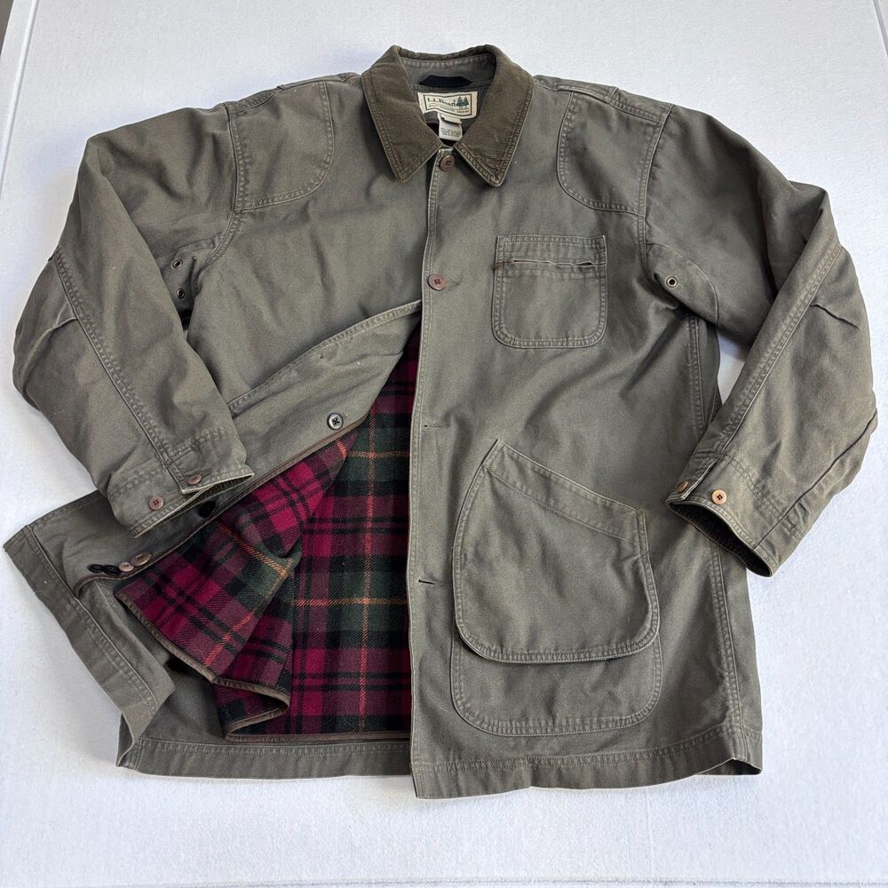 L.L. Bean Original Field Coat Mens XL Tall Olive Green Flannel Wool Lined Chore